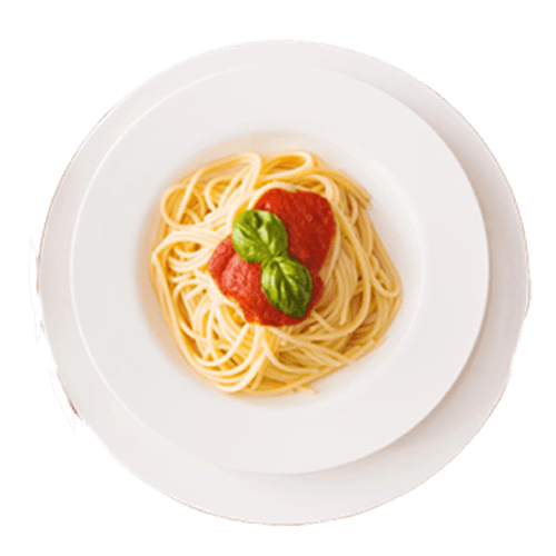 Plate of spaghetti with tomato sauce and basil