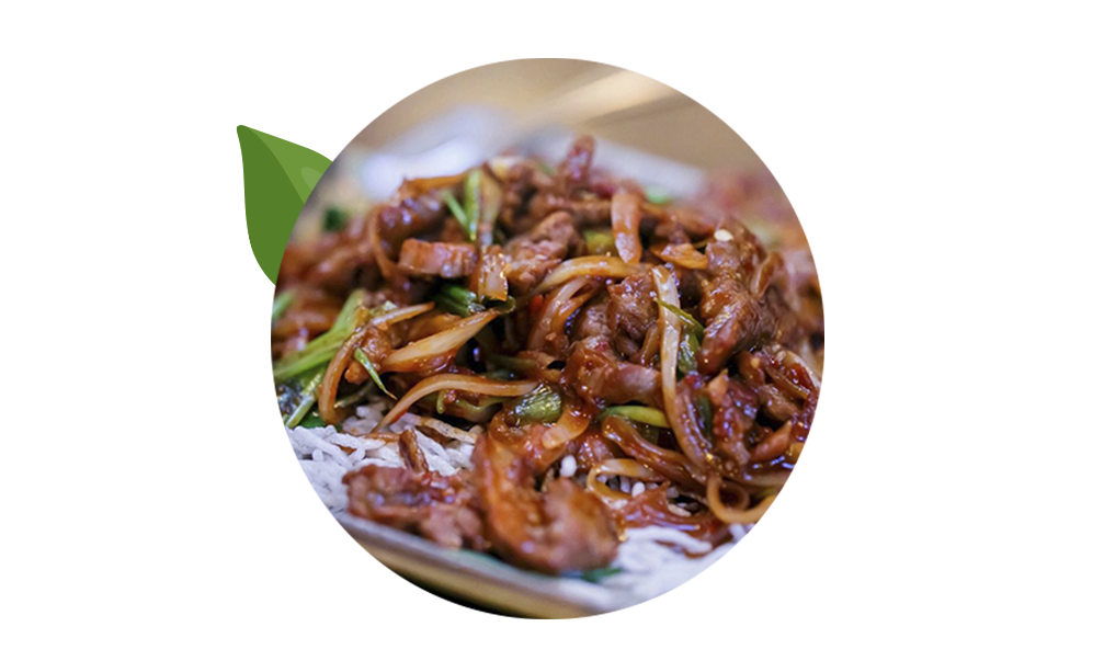 Stir-fried beef with vegetables on rice