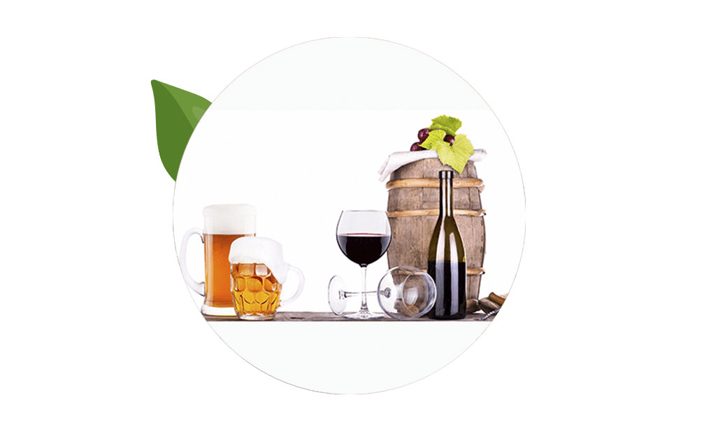 Beer mugs, wine glass, bottle, and barrel