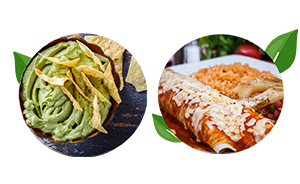 Guacamole with chips and enchiladas with rice