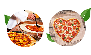 Chef spreading sauce; heart-shaped pepperoni pizza