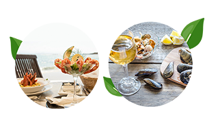 Seafood appetizers and wine on table