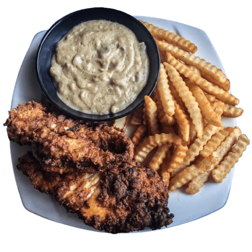 Chicken tenders, crinkle fries, bowl of gravy